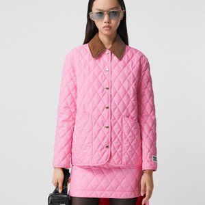 BURBERRY Diamond quilted jacket XS BUBBLE GUM Pink brown corduroy collar 🌟 HP